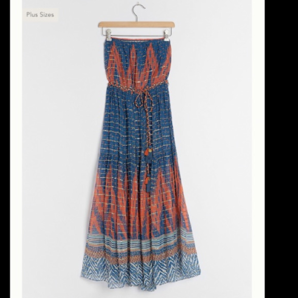 Anthropologie Blue and Orange Strapless Maxi Dress